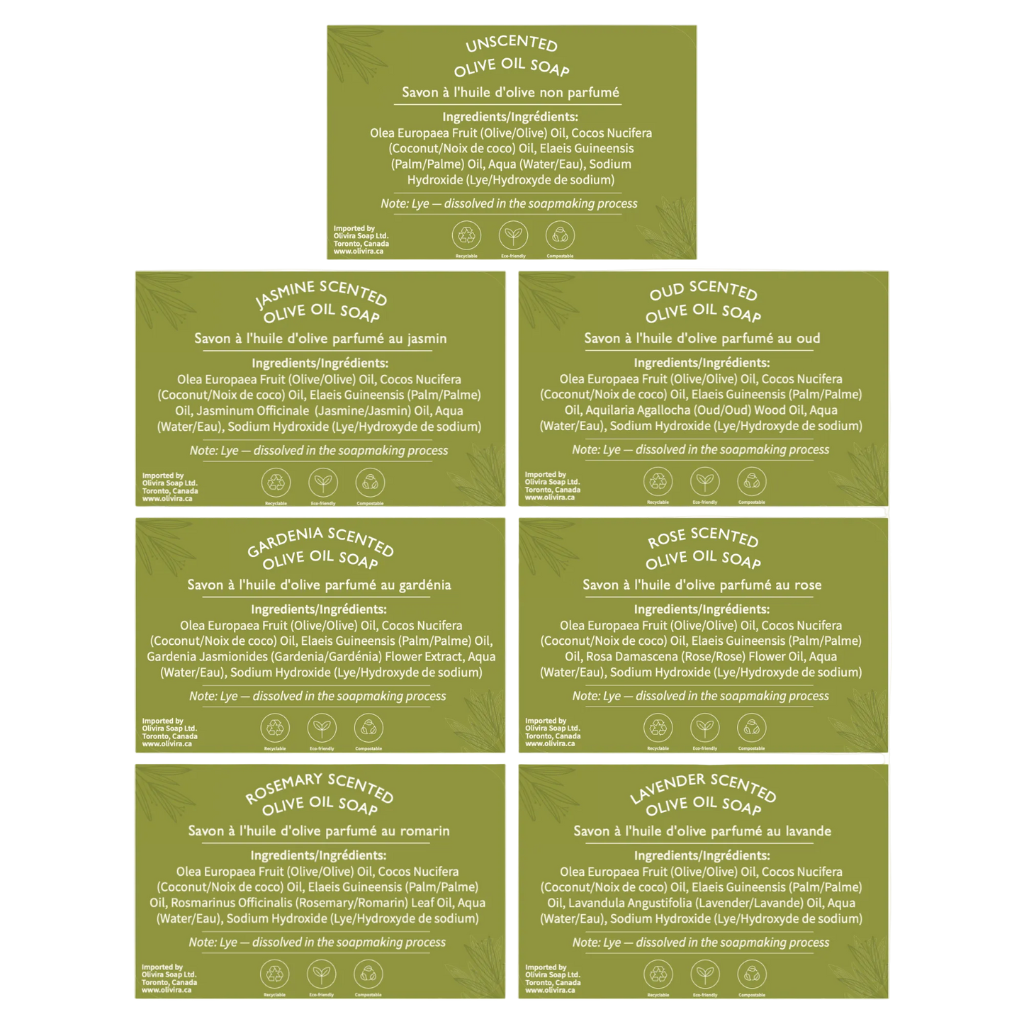 Olivira Full Line Collection – Olive Oil Soap Bar Bundle, 7 Pack
