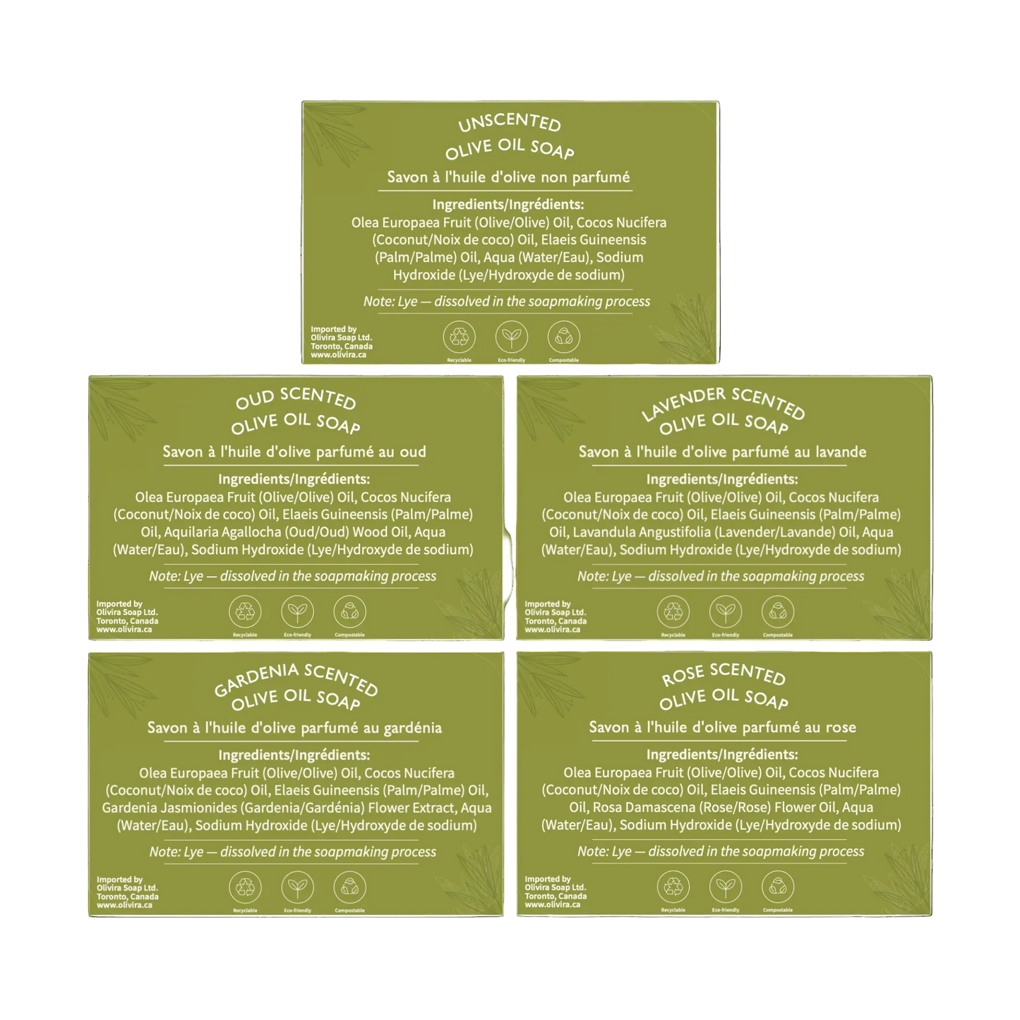 Olivira Mediterranean Collection – Olive Oil Soap Bar Bundle, 5 Pack